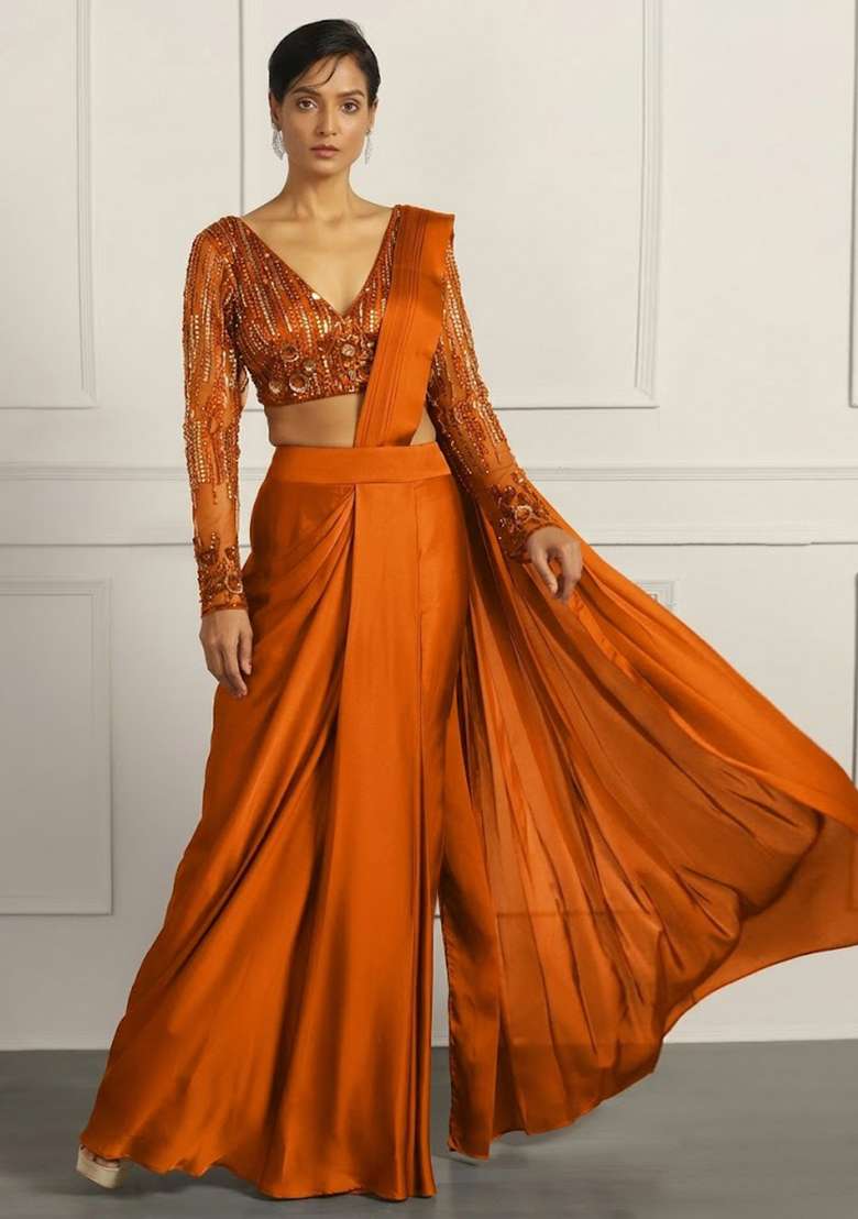 Soft Orange Hand Work Embellished Net Pre Draped Saree Set - Indya