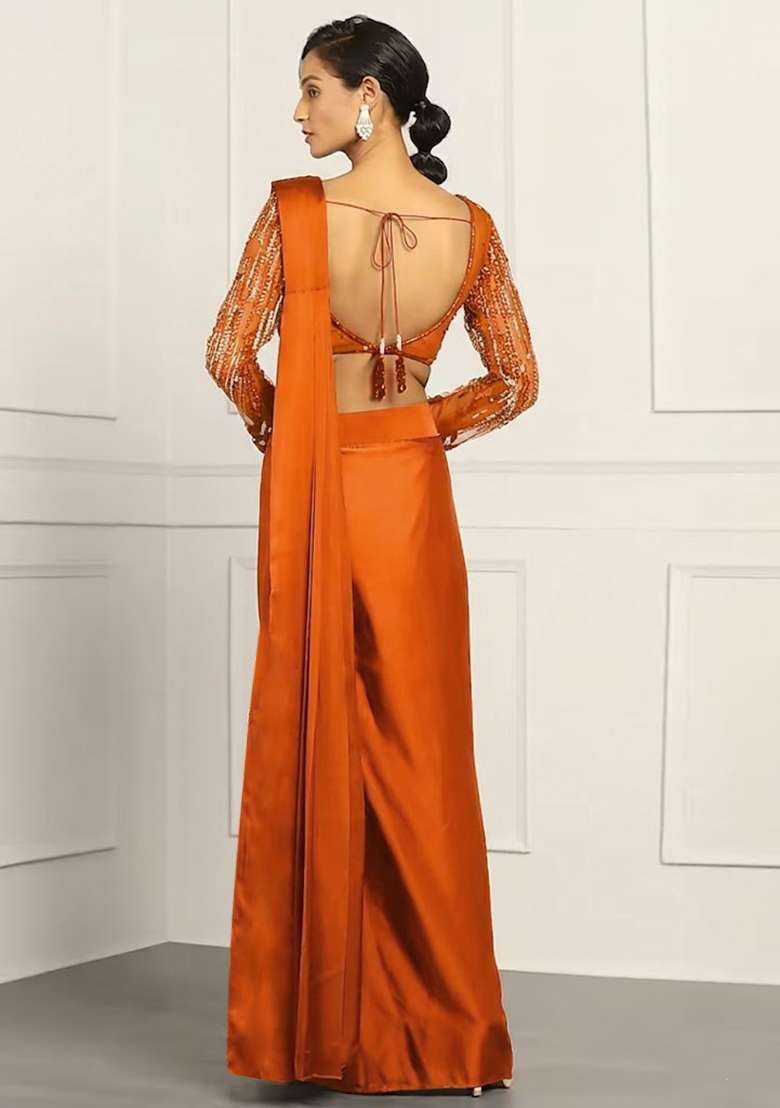 Soft Orange Hand Work Embellished Net Pre Draped Saree Set - Indya