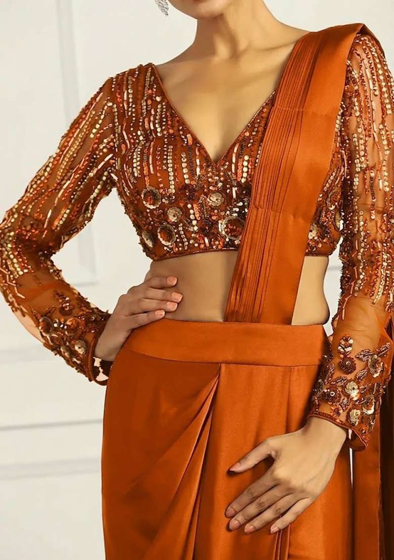 Soft Orange Hand Work Embellished Net Pre Draped Saree Set - Indya