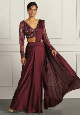 Deep Red Hand Work Embellished Net Pre Draped Saree Set