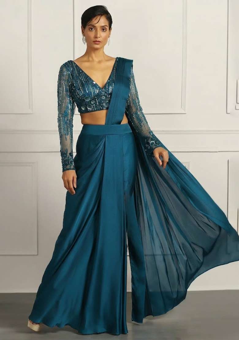 Teal Hand Work Embellished Net Pre Draped Saree Set - Indya