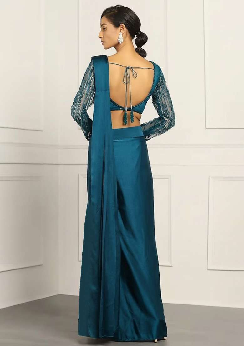 Teal Hand Work Embellished Net Pre Draped Saree Set - Indya
