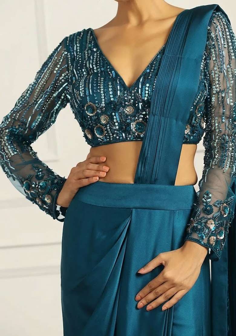 Teal Hand Work Embellished Net Pre Draped Saree Set - Indya