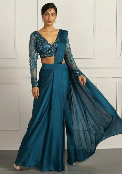 Teal Hand Work Embellished Net Pre Draped Saree Set