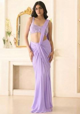 Lavender Hand Work Sequin Georgette Pre Draped Saree Set