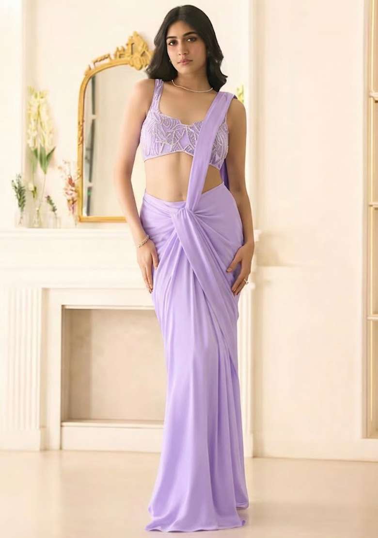 Lavender Hand Work Sequin Georgette Pre Draped Saree Set - Indya