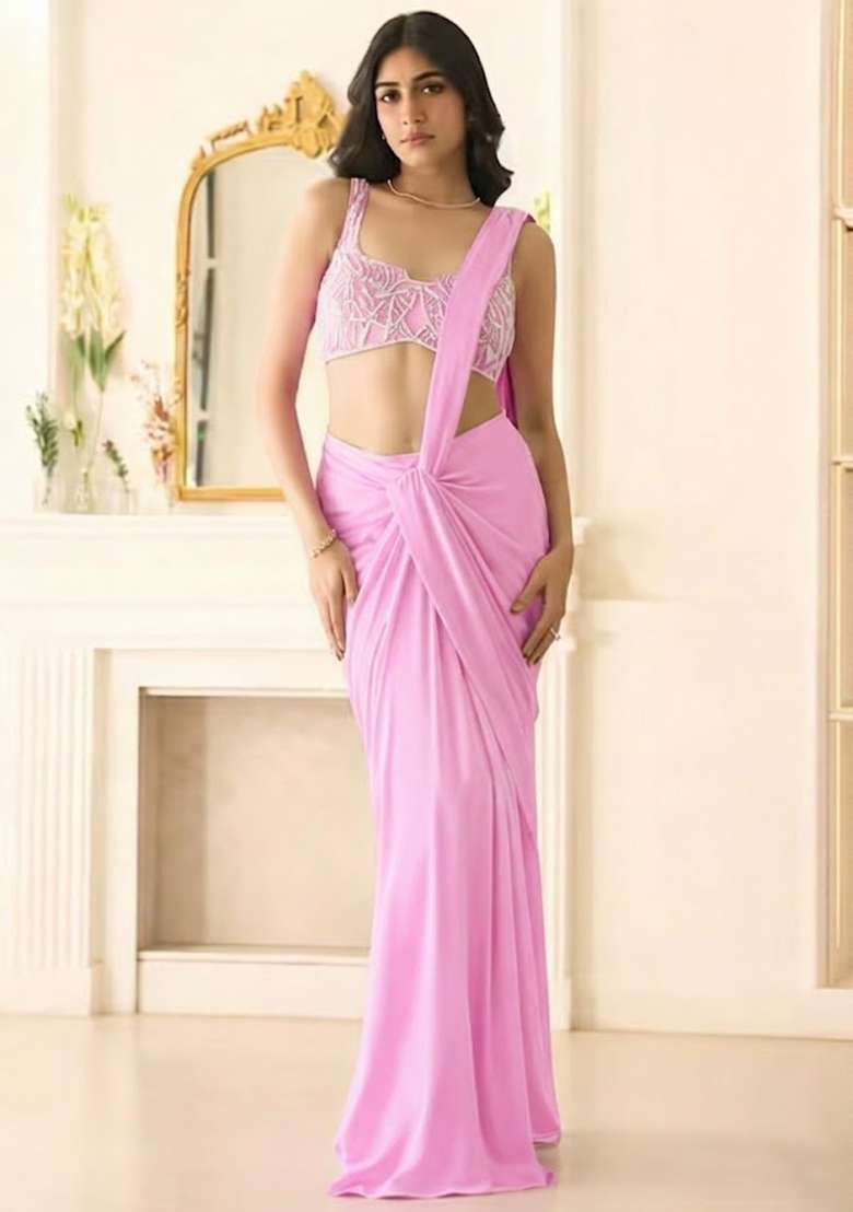 Soft Pink Hand Work Sequin Georgette Pre Draped Saree Set - Indya