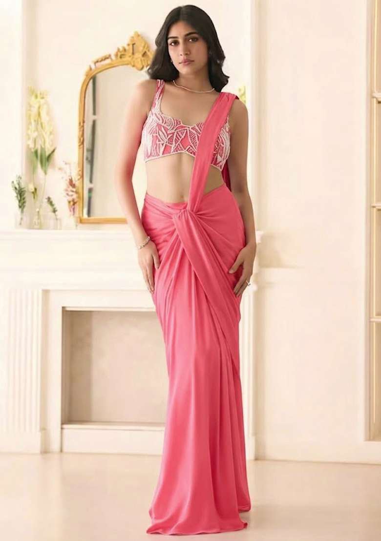 Rose Pink Hand Work Sequin Georgette Pre Draped Saree Set - Indya