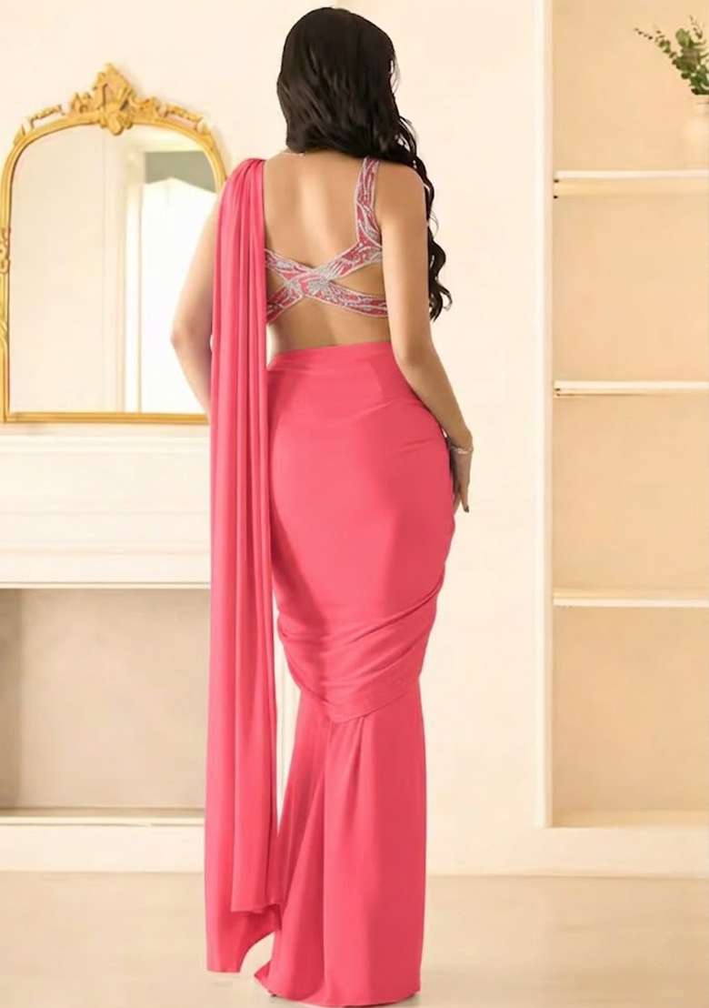 Rose Pink Hand Work Sequin Georgette Pre Draped Saree Set - Indya