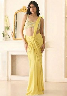 Bright Yellow Hand Work Sequin Georgette Pre Draped Saree Set