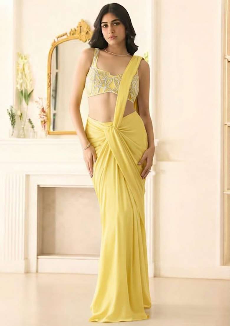 Bright Yellow Hand Work Sequin Georgette Pre Draped Saree Set - Indya