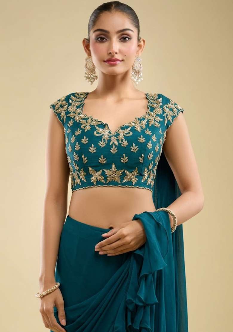 Teal Hand Work Embroidered Georgette Pre Draped Saree Set - Indya