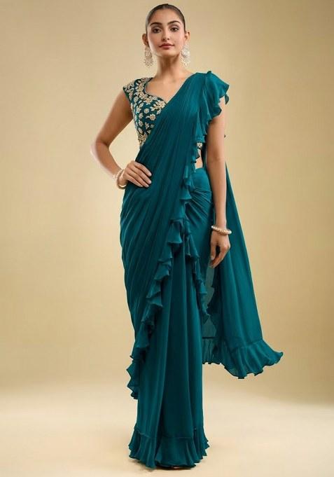 Teal Hand Work Embroidered Georgette Pre Draped Saree Set