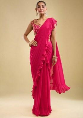Soft Pink Hand Work Embroidered Georgette Pre Draped Saree Set