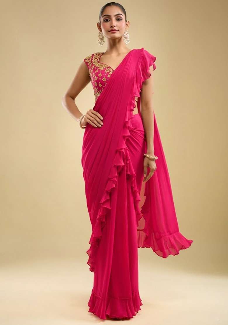 Soft Pink Hand Work Embroidered Georgette Pre Draped Saree Set - Indya