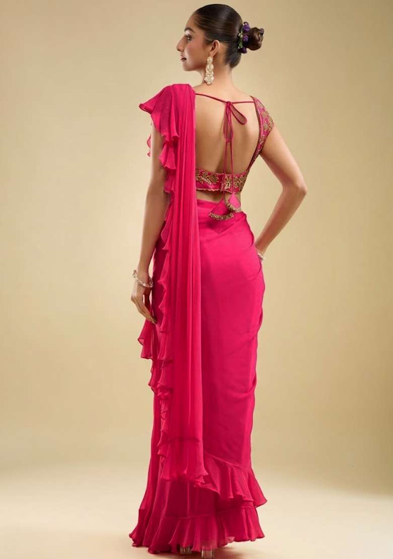 Soft Pink Hand Work Embroidered Georgette Pre Draped Saree Set - Indya
