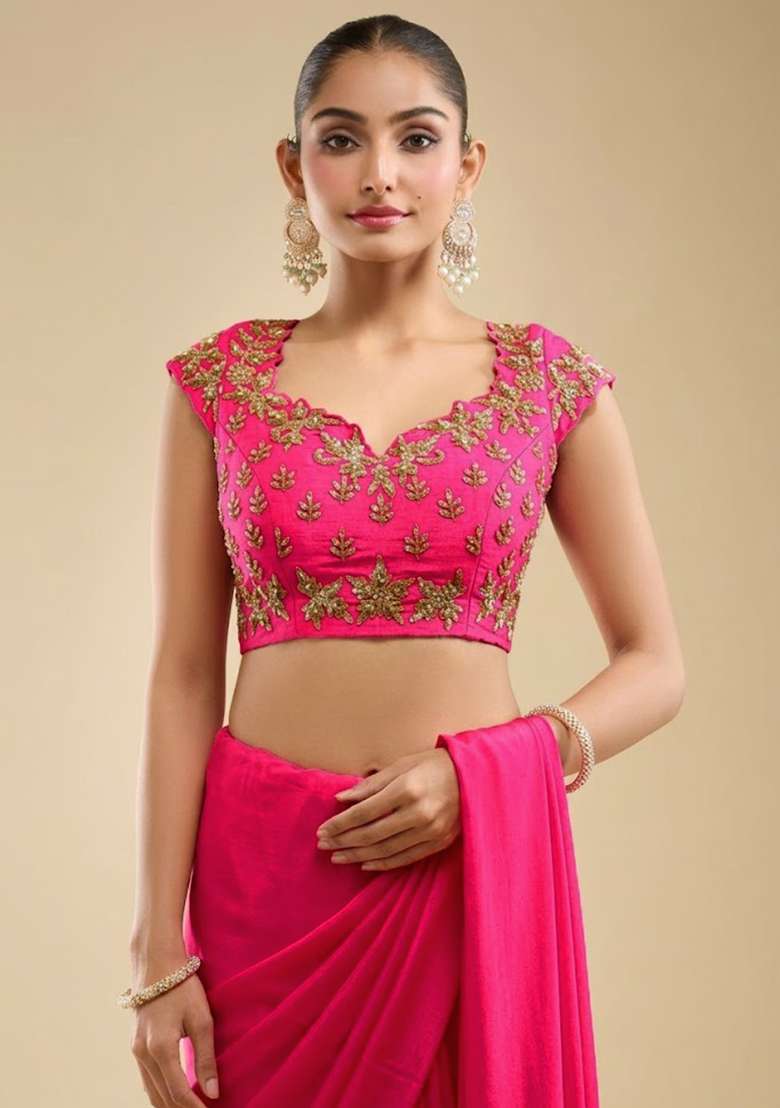 Soft Pink Hand Work Embroidered Georgette Pre Draped Saree Set - Indya