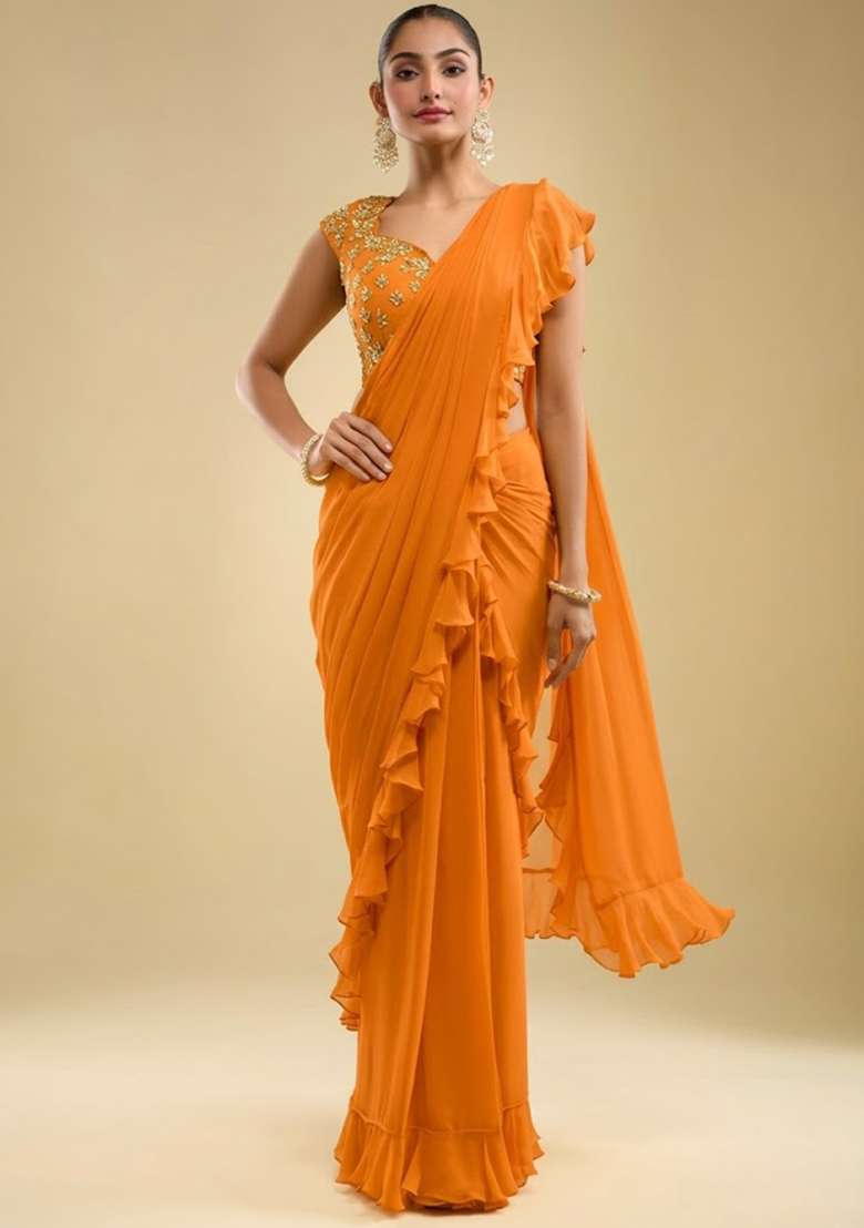 Rust Orange Hand Work Embroidered Georgette Pre Draped Saree Set - Indya