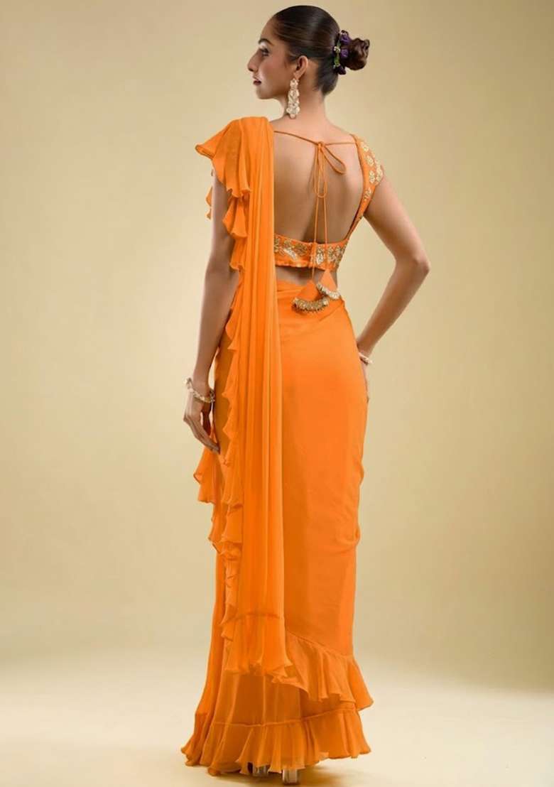 Rust Orange Hand Work Embroidered Georgette Pre Draped Saree Set - Indya