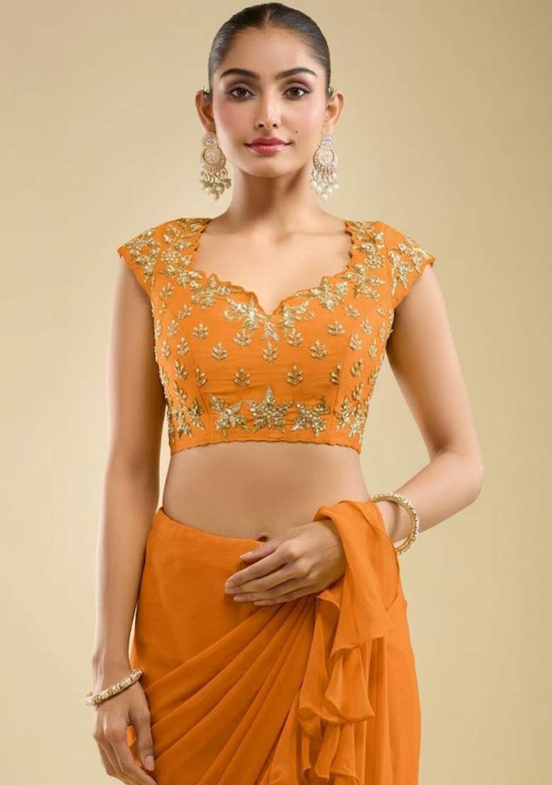 Rust Orange Hand Work Embroidered Georgette Pre Draped Saree Set - Indya