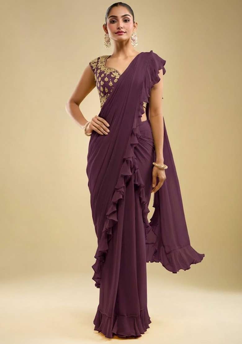 Violet Hand Work Embroidered Georgette Pre Draped Saree Set - Indya