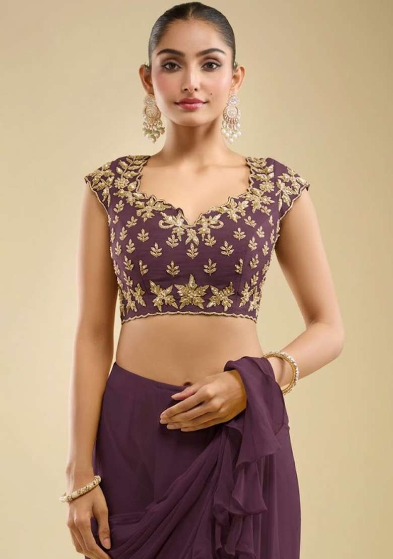 Violet Hand Work Embroidered Georgette Pre Draped Saree Set - Indya