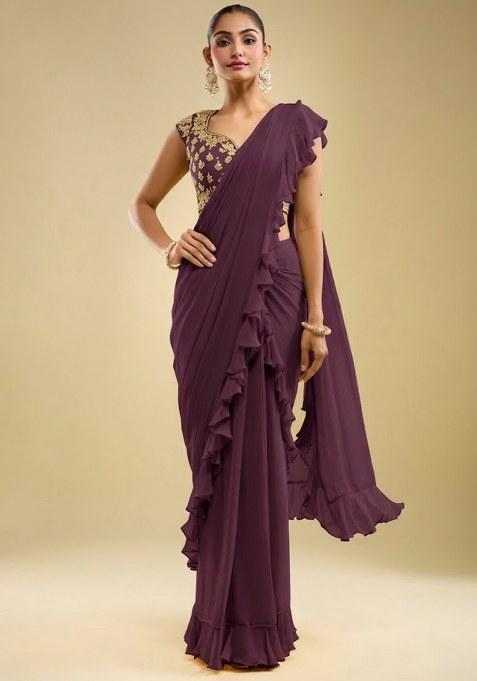 Violet Hand Work Embroidered Georgette Pre Draped Saree Set