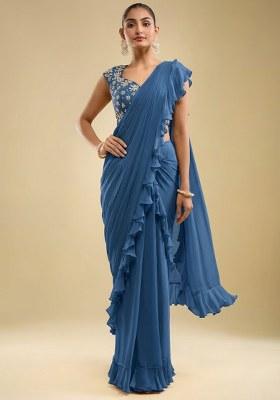 Deep Blue Hand Work Embroidered Georgette Pre Draped Saree Set