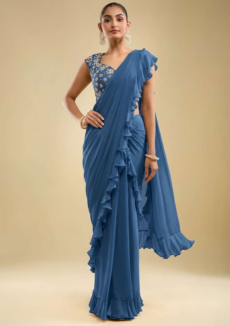 Deep Blue Hand Work Embroidered Georgette Pre Draped Saree Set - Indya