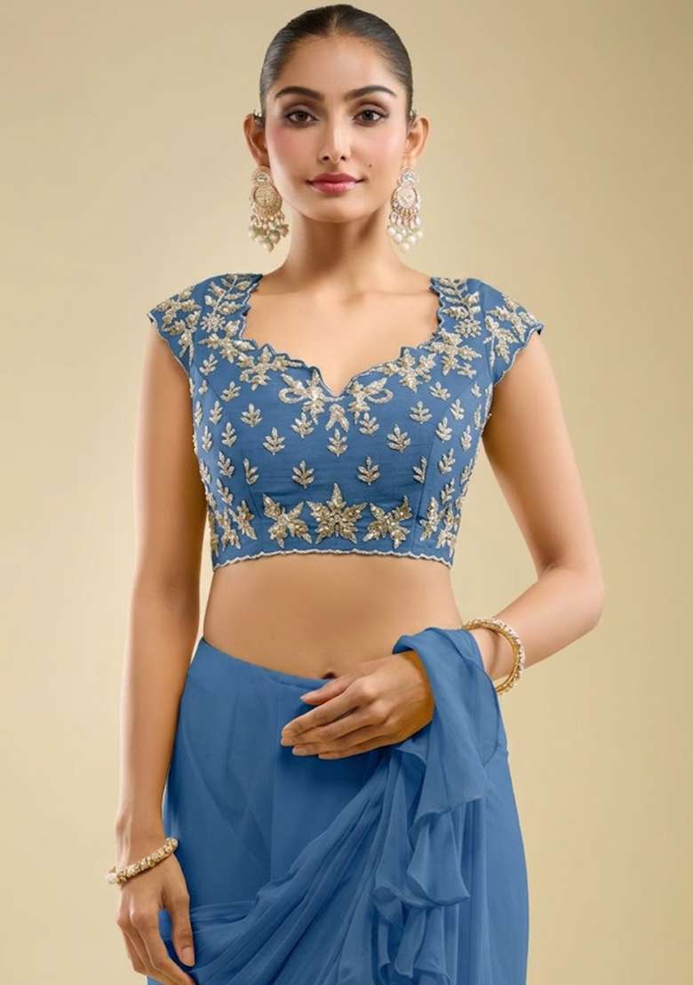 Deep Blue Hand Work Embroidered Georgette Pre Draped Saree Set - Indya