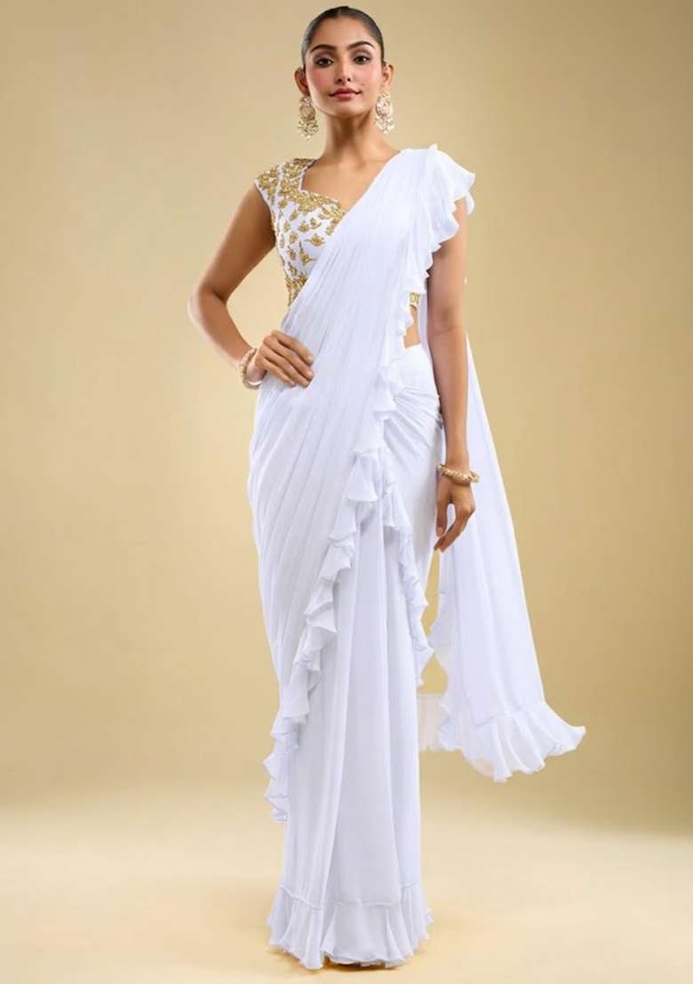 White Hand Work Embroidered Georgette Pre Draped Saree Set - Indya