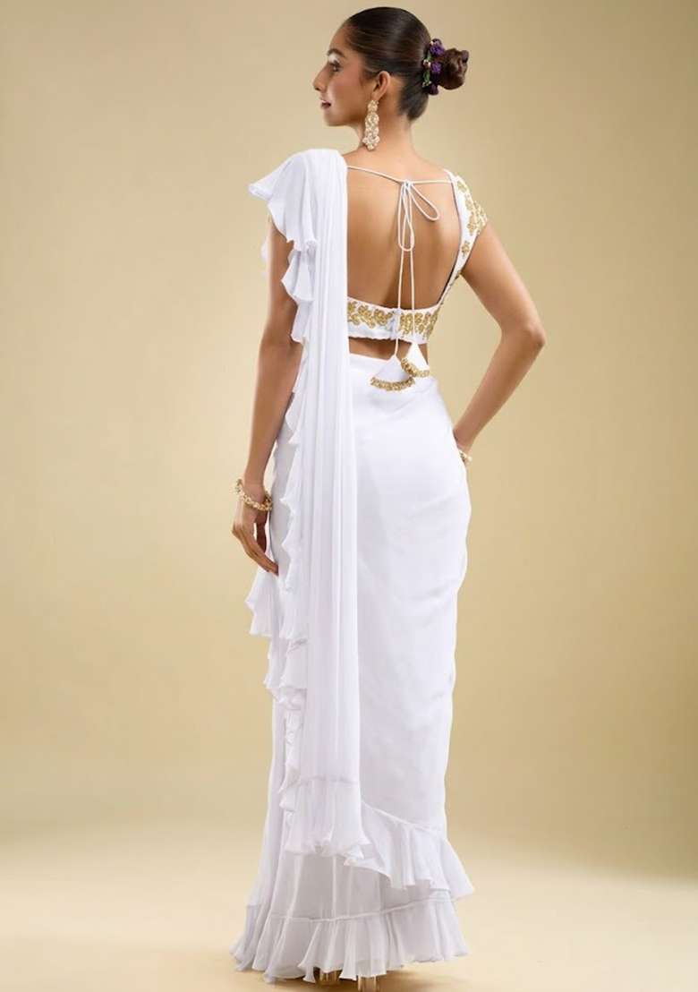 White Hand Work Embroidered Georgette Pre Draped Saree Set - Indya