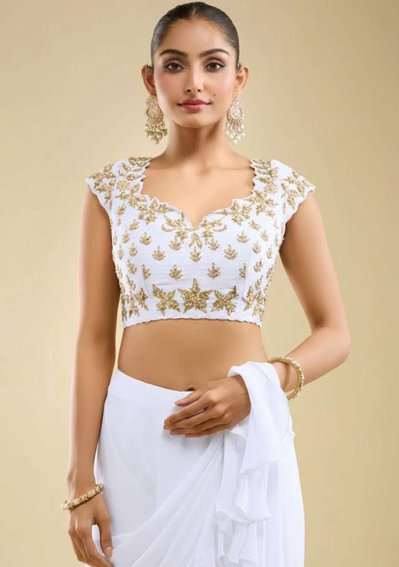 White Hand Work Embroidered Georgette Pre Draped Saree Set - Indya