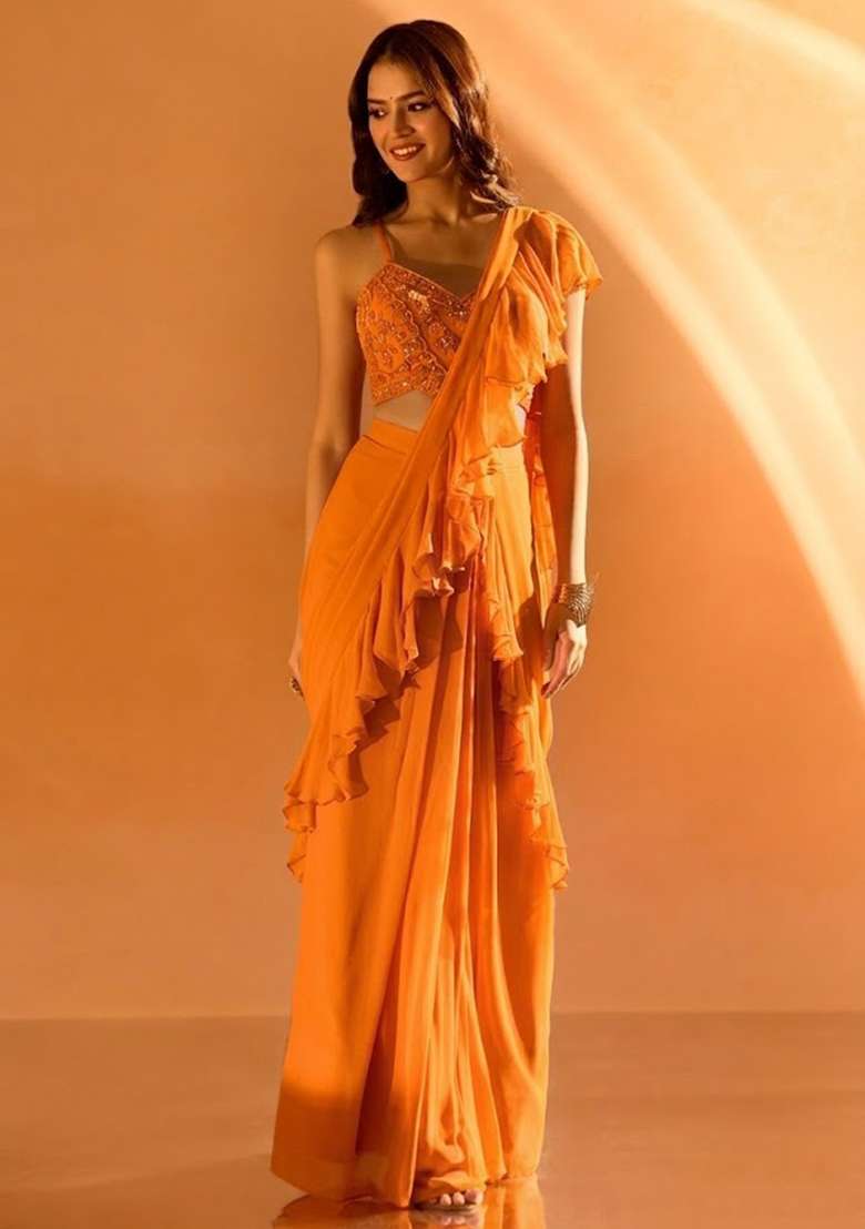 Rust Orange Hand Work Embellished Georgette Pre Draped Saree Set - Indya
