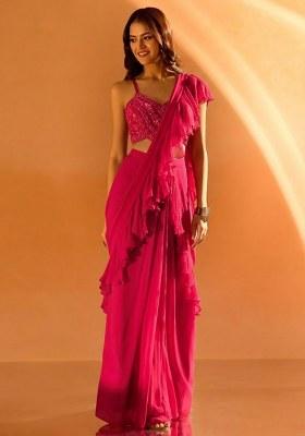 Soft Pink Hand Work Embellished Georgette Pre Draped Saree Set