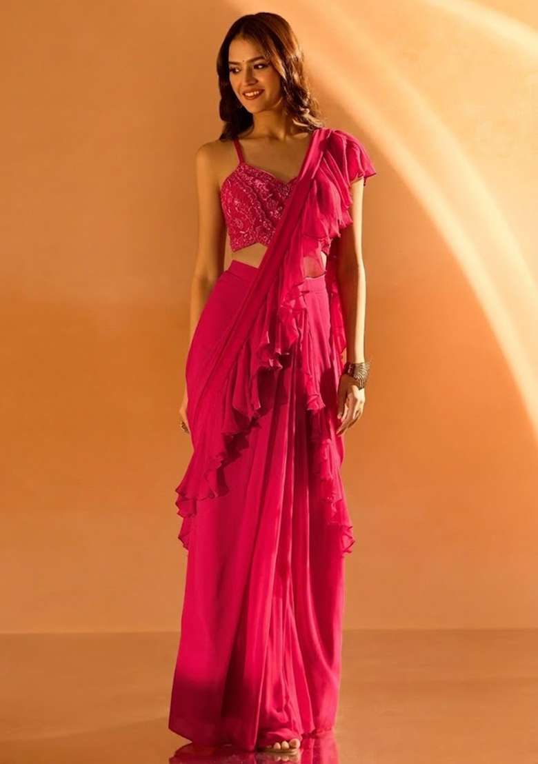 Soft Pink Hand Work Embellished Georgette Pre Draped Saree Set - Indya