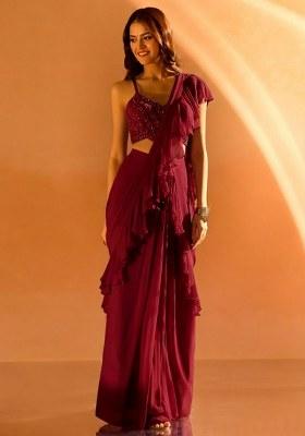 Deep Red Hand Work Embellished Georgette Pre Draped Saree Set