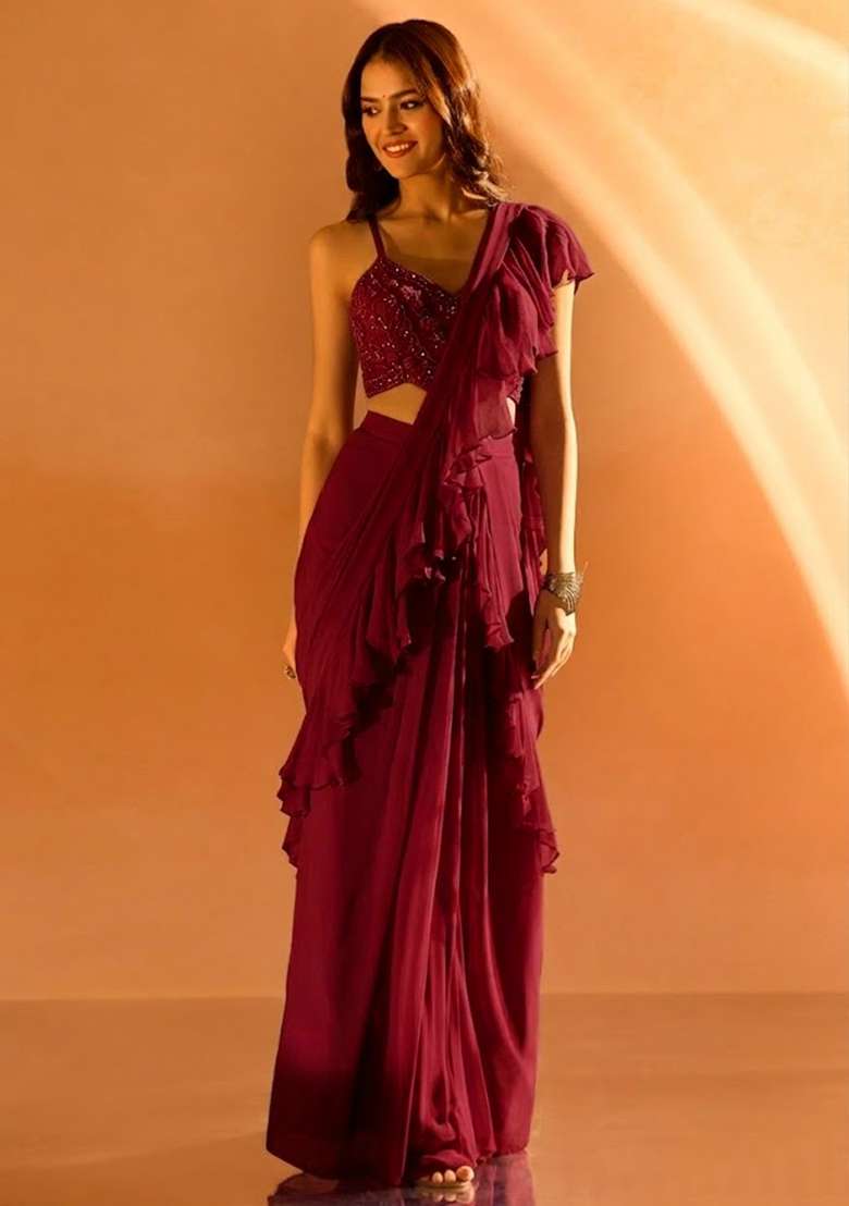 Deep Red Hand Work Embellished Georgette Pre Draped Saree Set - Indya