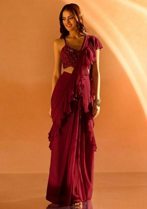 Deep Red Hand Work Embellished Georgette Pre Draped Saree Set