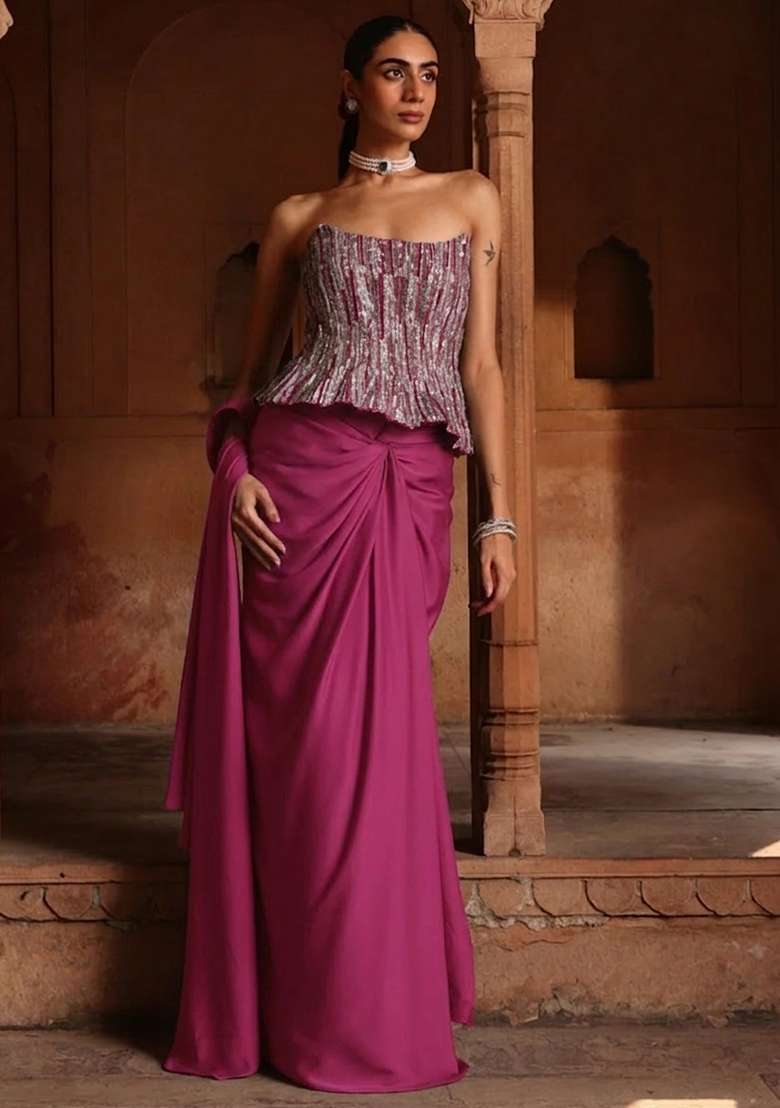 Pink Hand Work Sequin Crepe Pre Draped Saree Set - Indya