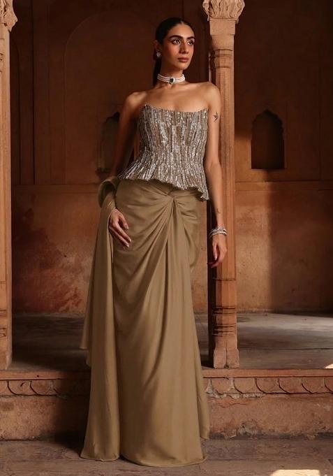 Mustard Yellow Hand Work Sequin Crepe Pre Draped Saree Set