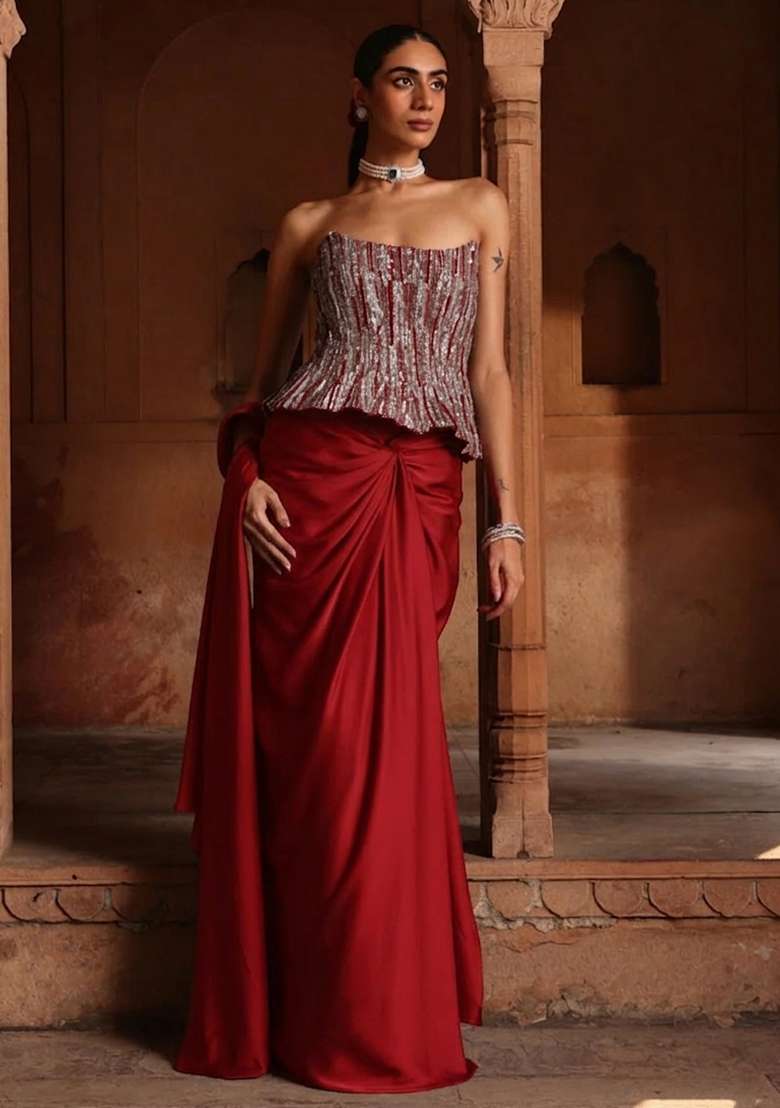 Deep Red Hand Work Sequin Crepe Pre Draped Saree Set - Indya