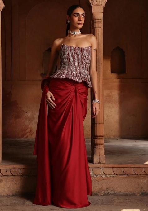 Deep Red Hand Work Sequin Crepe Pre Draped Saree Set