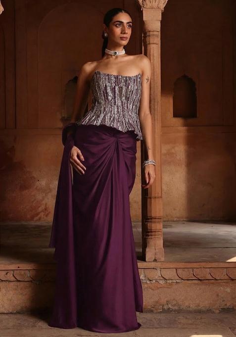 Plum Hand Work Sequin Crepe Pre Draped Saree Set