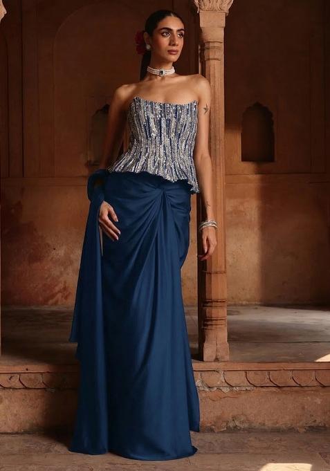 Sky Blue Hand Work Sequin Crepe Pre Draped Saree Set