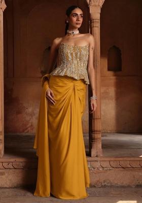 Bright Yellow Hand Work Sequin Crepe Pre Draped Saree Set
