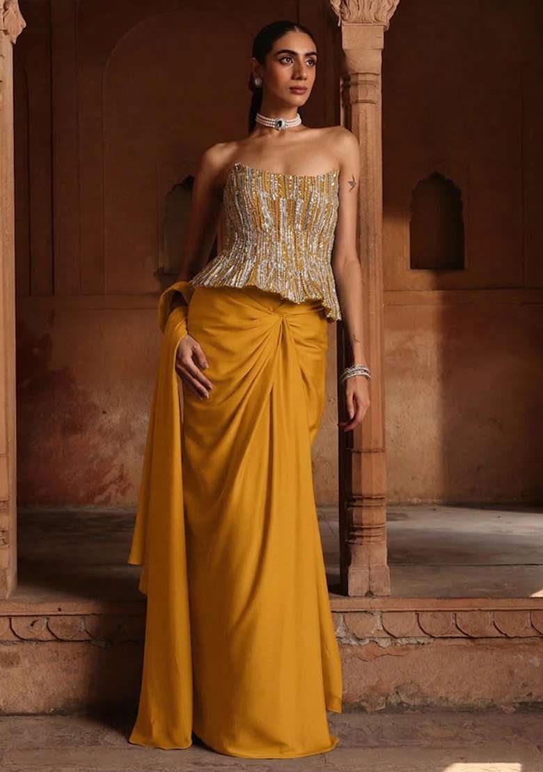 Bright Yellow Hand Work Sequin Crepe Pre Draped Saree Set - Indya