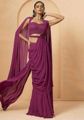 Deep Red Hand Work Embellished Georgette Pre Draped Saree Set