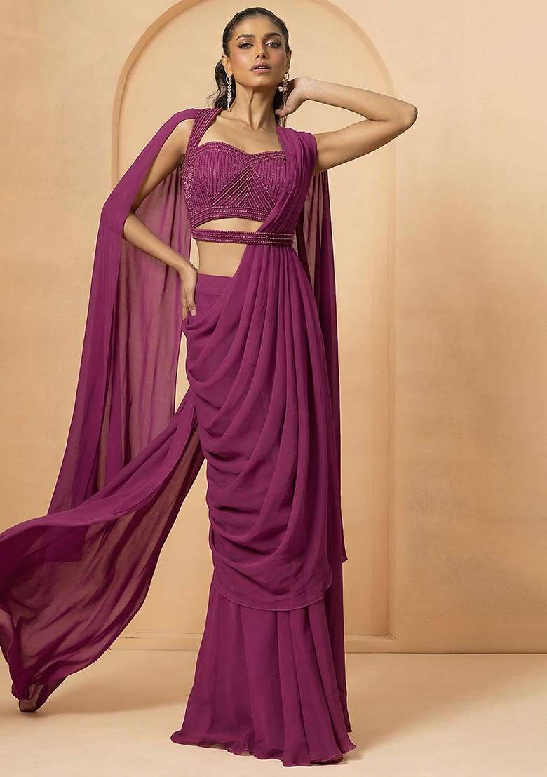 Deep Red Hand Work Embellished Georgette Pre Draped Saree Set - Indya