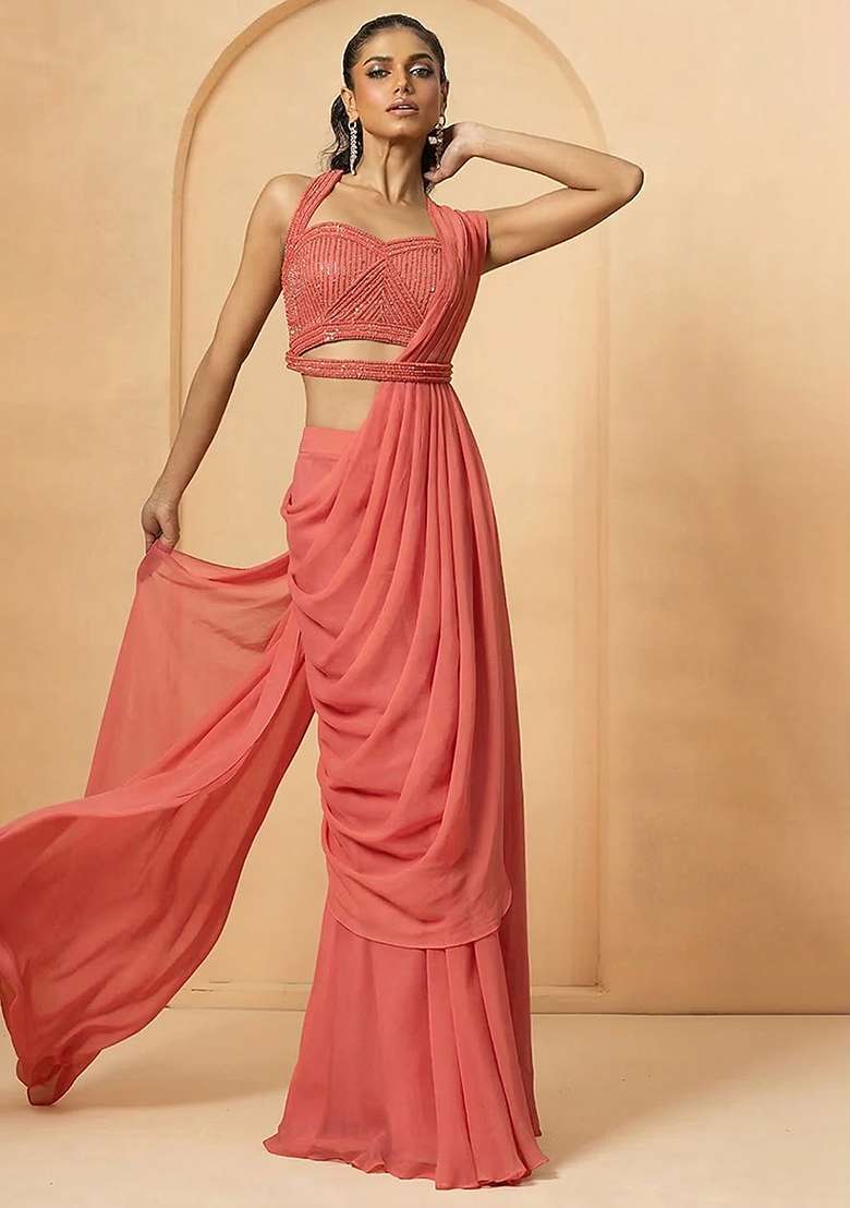 Coral Hand Work Embellished Georgette Pre Draped Saree Set - Indya